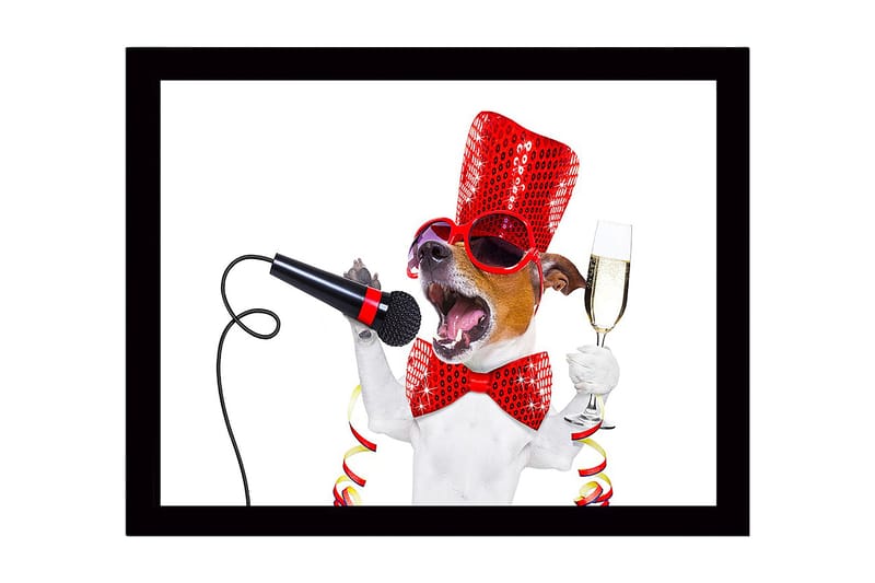Indrammet lærredstryk i træ - 41x56 cm - Festlig hund med mikrofon og champagneglas, Rød / Sort / Hvid
