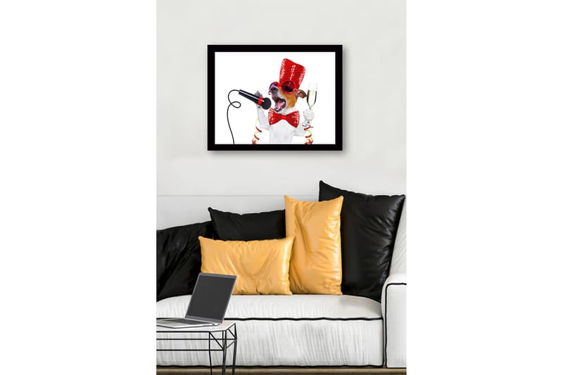 Indrammet lærredstryk i træ - 41x56 cm - Festlig hund med mikrofon og champagneglas - Rød / Sort / Hvid - Boligtilbehør - Billeder & kunst