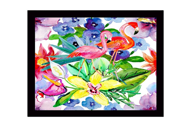 Indrammet lærredstryk i træ - 41x56 cm - Flamingoer blandt farverige blomster og grønne blade, Lyserød / Grøn / Gul