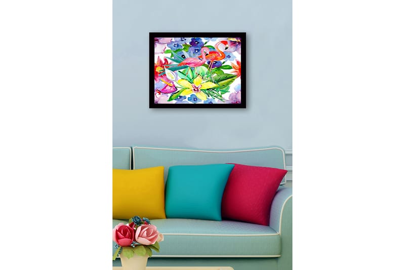 Indrammet lærredstryk i træ - 41x56 cm - Flamingoer blandt farverige blomster og grønne blade - Lyserød / Grøn / Gul - Boligtilbehør - Billeder & kunst