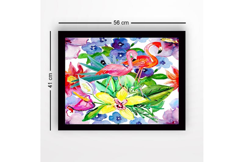 Indrammet lærredstryk i træ - 41x56 cm - Flamingoer blandt farverige blomster og grønne blade - Lyserød / Grøn / Gul - Boligtilbehør - Billeder & kunst