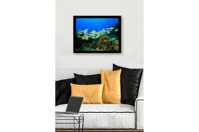 Indrammet lærredstryk i træ - 41x56 cm - Flok farverige fisk, der svømmer i et koralrev - Blå / Gul / Grøn - Boligtilbehør - Billeder & kunst