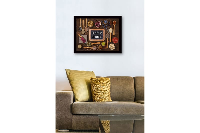 Indrammet lærredstryk i træ - 41x56 cm - Forskellige superfoods arrangeret på en træoverflade - Grøn / Brun / Sort - Boligtilbehør - Billeder & kunst