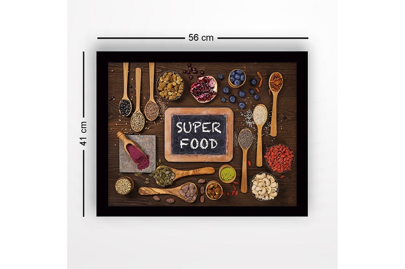 Indrammet lærredstryk i træ - 41x56 cm - Forskellige superfoods arrangeret på en træoverflade - Grøn / Brun / Sort - Boligtilbehør - Billeder & kunst