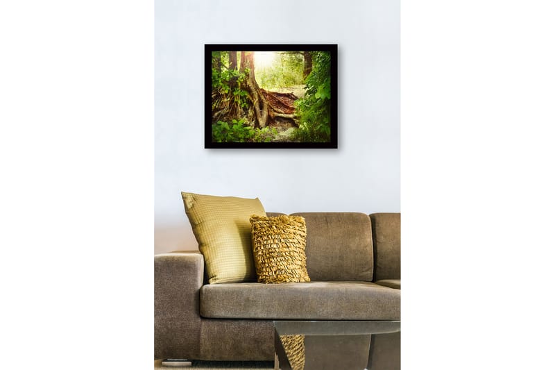 Indrammet lærredstryk i træ - 41x56 cm - Frodig skov med en stor trærod og solstråler, der siver gennem løvet - Grøn / Brun / Gul - Boligtilbehør - Billeder & kunst