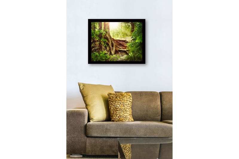 Indrammet lærredstryk i træ - 41x56 cm - Frodig skov med en stor trærod og solstråler, der siver gennem løvet - Grøn / Brun / Gul - Boligtilbehør - Billeder & kunst