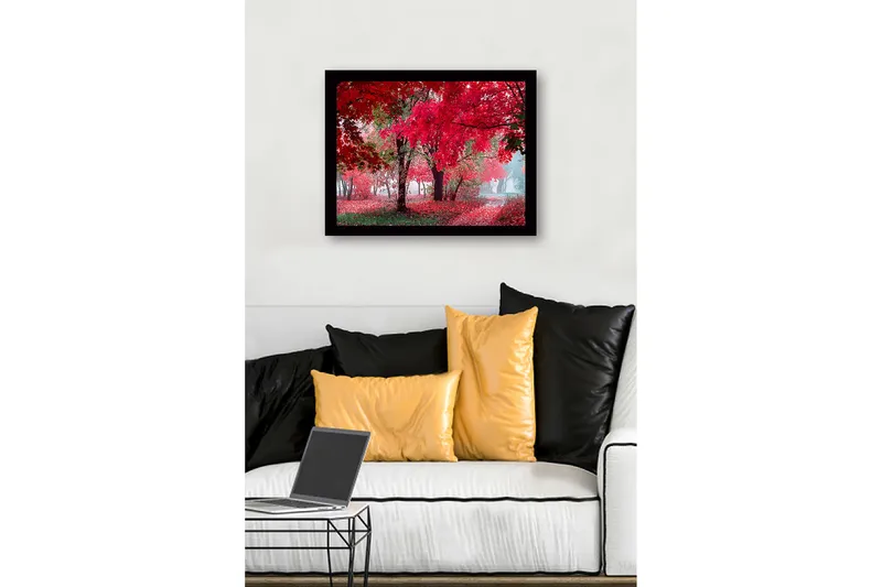 Indrammet lærredstryk i træ - 41x56 cm - Frodig skov med knitrende røde efterårsblade - Rød / Grøn - Boligtilbehør - Billeder & kunst