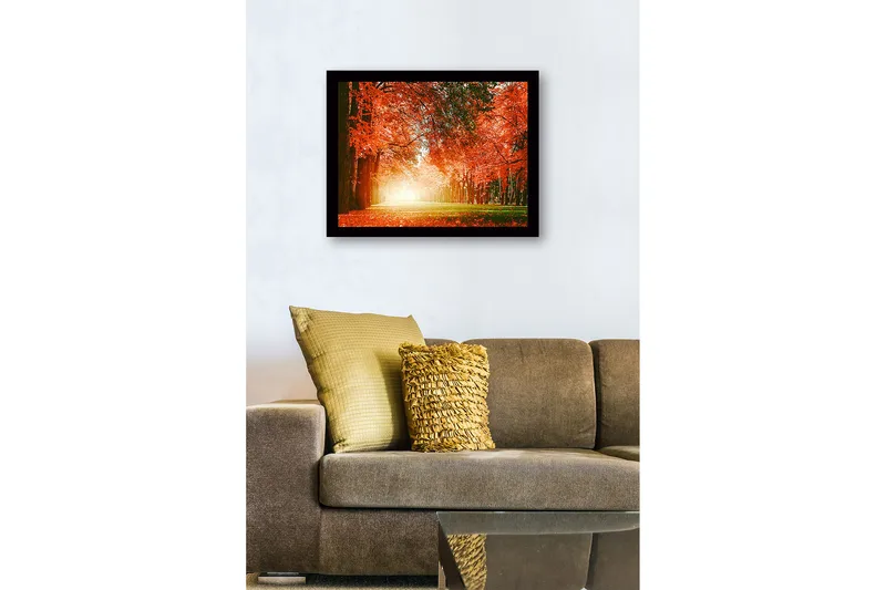 Indrammet lærredstryk i træ - 41x56 cm - Frodig skov med livlige efterårsfarver - Orange / Grøn - Boligtilbehør - Billeder & kunst