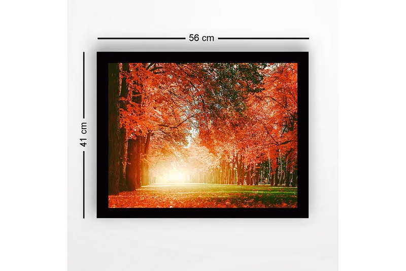 Indrammet lærredstryk i træ - 41x56 cm - Frodig skov med livlige efterårsfarver - Orange / Grøn - Boligtilbehør - Billeder & kunst