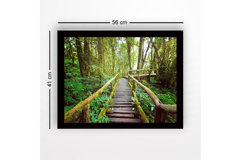 Indrammet lærredstryk i træ - 41x56 cm - Frodig skovsti med træbroer - Grøn / Brun / Gulgrøn - Boligtilbehør - Billeder & kunst