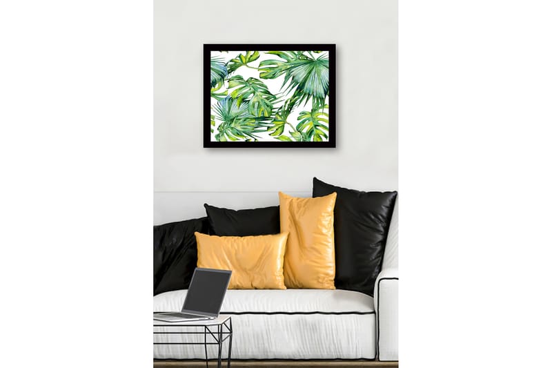 Indrammet lærredstryk i træ - 41x56 cm - Frodig tropisk løv - Mørkegrøn / Lysegrøn / Gulgrøn - Boligtilbehør - Billeder & kunst
