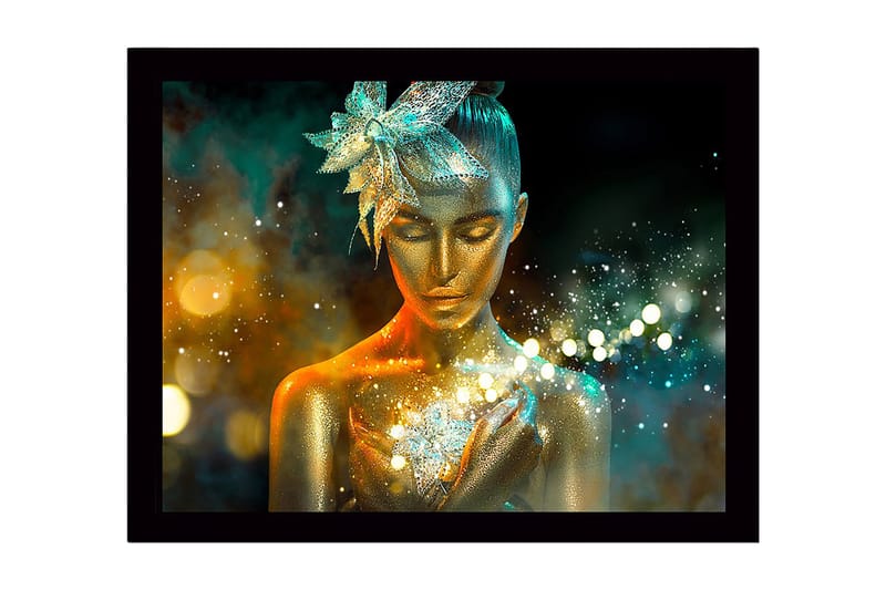 Indrammet lærredstryk i træ - 41x56 cm - Funklende kvinde med gylden hud og en blomst i håret, Guld / Turkis / Orange