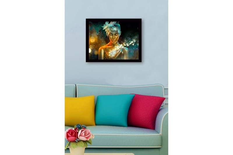 Indrammet lærredstryk i træ - 41x56 cm - Funklende kvinde med gylden hud og en blomst i håret - Guld / Turkis / Orange - Boligtilbehør - Billeder & kunst
