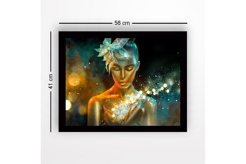 Indrammet lærredstryk i træ - 41x56 cm - Funklende kvinde med gylden hud og en blomst i håret - Guld / Turkis / Orange - Boligtilbehør - Billeder & kunst