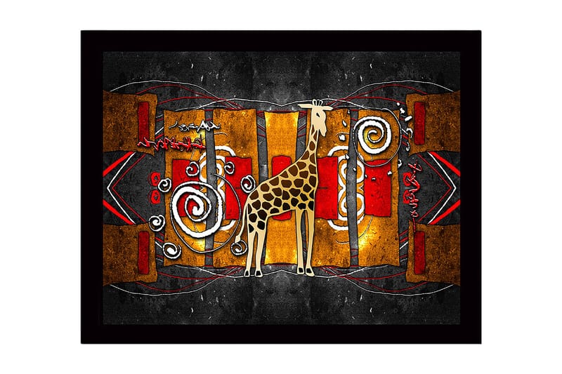Indrammet lærredstryk i træ - 41x56 cm - Giraf i en farverig, abstrakt komposition, Guld / Rød / Sort