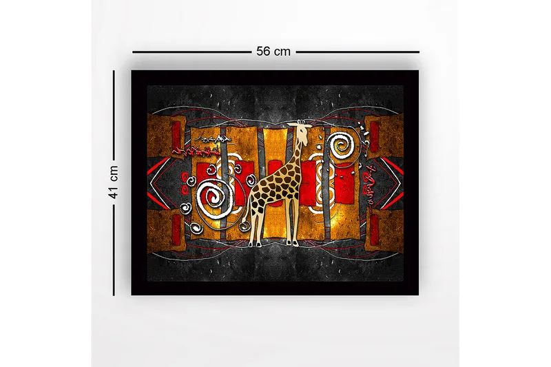 Indrammet lærredstryk i træ - 41x56 cm - Giraf i en farverig, abstrakt komposition - Guld / Rød / Sort - Boligtilbehør - Billeder & kunst