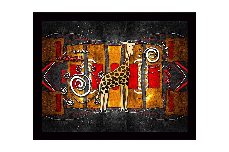 Indrammet lærredstryk i træ - 41x56 cm - Giraf i en farverig, abstrakt komposition, Guld / Rød / Sort