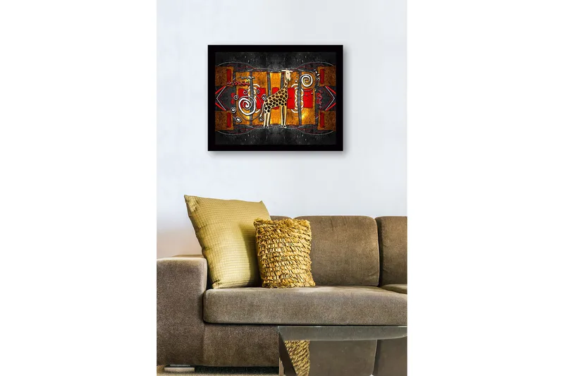 Indrammet lærredstryk i træ - 41x56 cm - Giraf i en farverig, abstrakt komposition - Guld / Rød / Sort - Boligtilbehør - Billeder & kunst