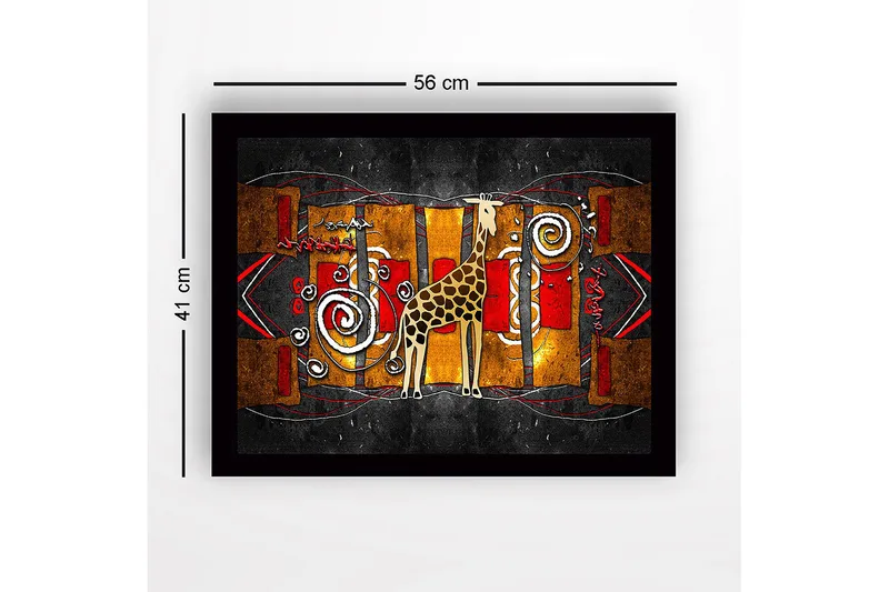 Indrammet lærredstryk i træ - 41x56 cm - Giraf i en farverig, abstrakt komposition - Guld / Rød / Sort - Boligtilbehør - Billeder & kunst