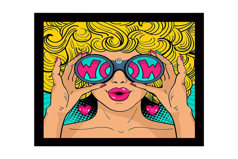 Indrammet lærredstryk i træ - 41x56 cm - Glamourøs kvinde med store solbriller og krøllet blond hår, Gul / Pink / Turkis