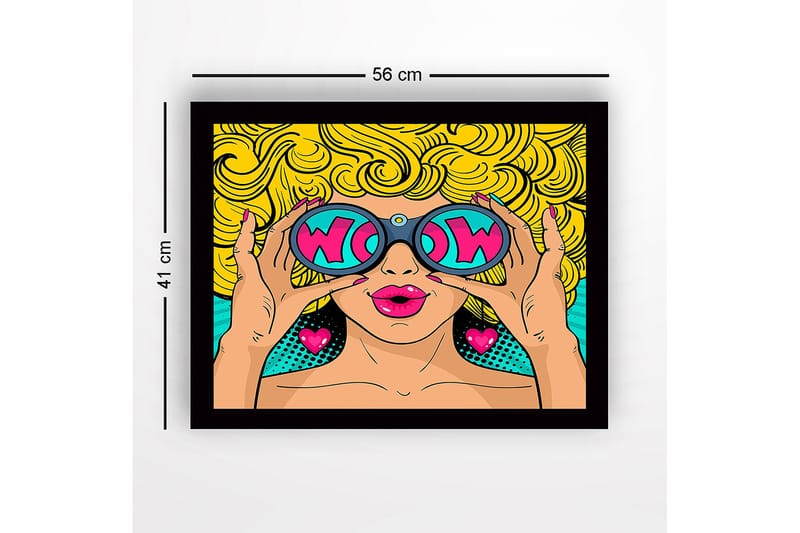Indrammet lærredstryk i træ - 41x56 cm - Glamourøs kvinde med store solbriller og krøllet blond hår - Gul / Pink / Turkis - Boligtilbehør - Billeder & kunst