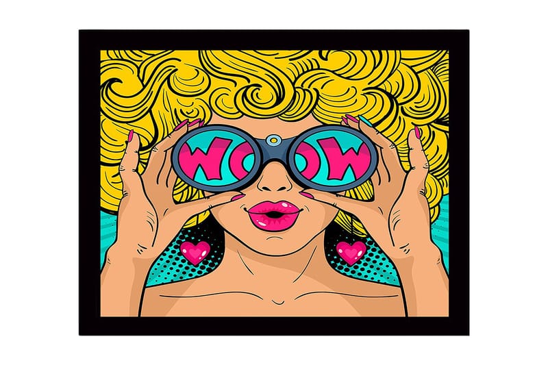 Indrammet lærredstryk i træ - 41x56 cm - Glamourøs kvinde med store solbriller og krøllet blond hår, Gul / Pink / Turkis