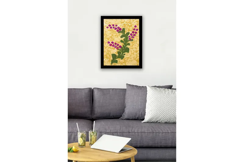 Indrammet lærredstryk i træ - 41x56 cm - Grøn plante med lilla blomster mod en gylden baggrund - Guld / Grøn / Lilla - Boligtilbehør - Billeder & kunst