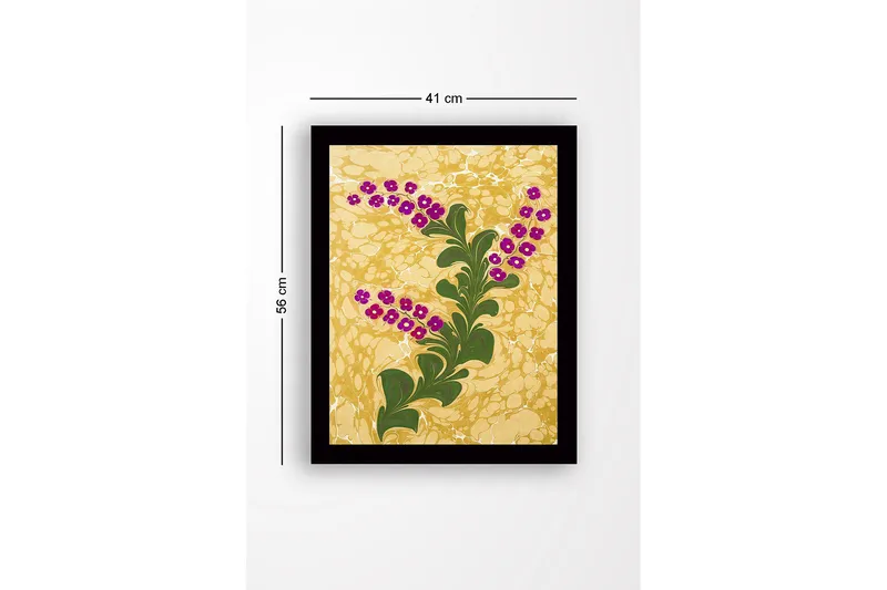 Indrammet lærredstryk i træ - 41x56 cm - Grøn plante med lilla blomster mod en gylden baggrund - Guld / Grøn / Lilla - Boligtilbehør - Billeder & kunst