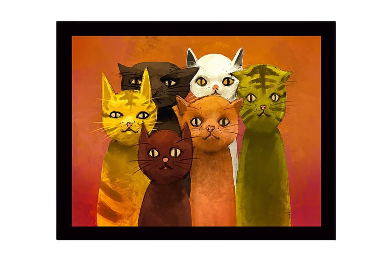 Indrammet lærredstryk i træ - 41x56 cm - Gruppe af farverige katte med forskellige udtryk - Gul / Grøn / Orange - Boligtilbehør - Billeder & kunst