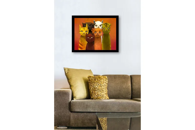 Indrammet lærredstryk i træ - 41x56 cm - Gruppe af farverige katte med forskellige udtryk - Gul / Grøn / Orange - Boligtilbehør - Billeder & kunst