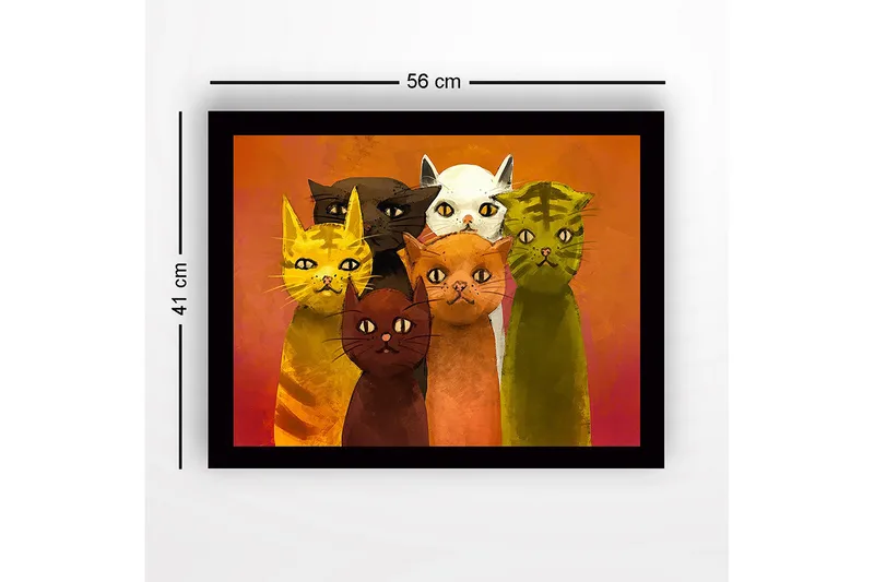 Indrammet lærredstryk i træ - 41x56 cm - Gruppe af farverige katte med forskellige udtryk - Gul / Grøn / Orange - Boligtilbehør - Billeder & kunst