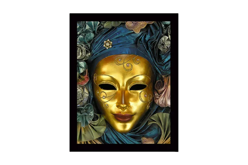 Indrammet lærredstryk i træ - 41x56 cm - Guldmaske med detaljeret dekoration og draperet kåbe i blåt og grønt, Guld / Mørkeblå / Grøn