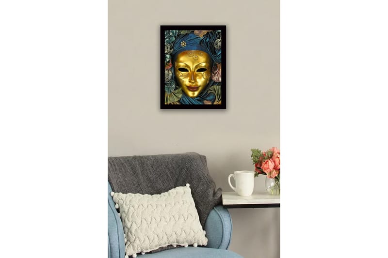 Indrammet lærredstryk i træ - 41x56 cm - Guldmaske med detaljeret dekoration og draperet kåbe i blåt og grønt - Guld / Mørkeblå / Grøn - Boligtilbehør - Billeder & kunst