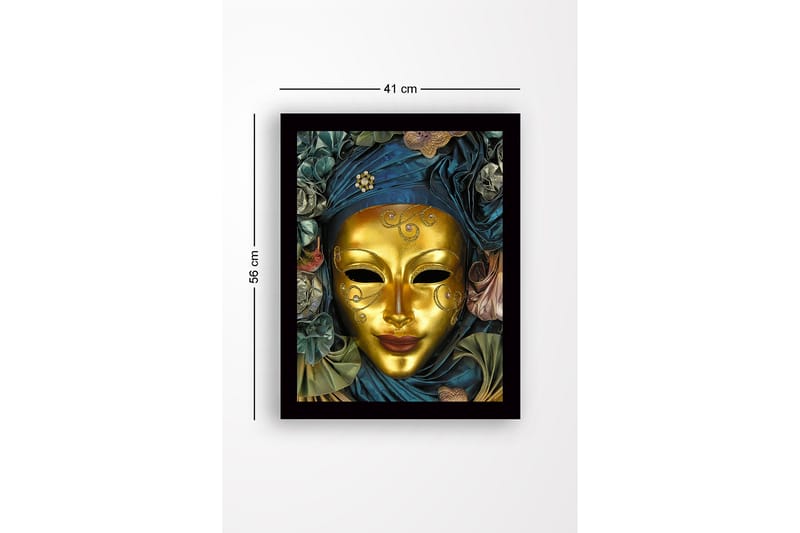 Indrammet lærredstryk i træ - 41x56 cm - Guldmaske med detaljeret dekoration og draperet kåbe i blåt og grønt - Guld / Mørkeblå / Grøn - Boligtilbehør - Billeder & kunst