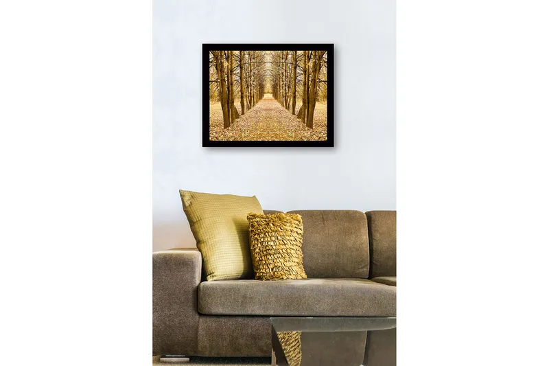 Indrammet lærredstryk i træ - 41x56 cm - Gylden allé af træer i efterårsfarver - Guld / Brun / Beige - Boligtilbehør - Billeder & kunst