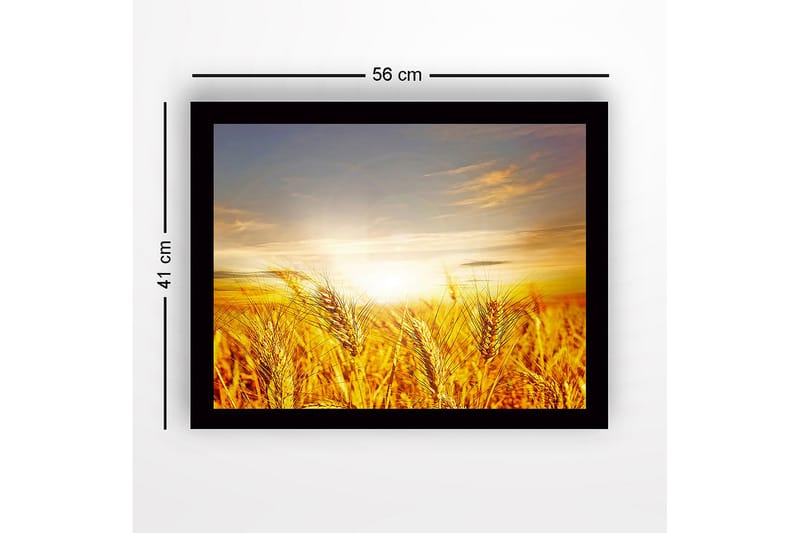 Indrammet lærredstryk i træ - 41x56 cm - Gyldne hvedemarker under solopgang - Guld / Orange / Lyseblå - Boligtilbehør - Billeder & kunst