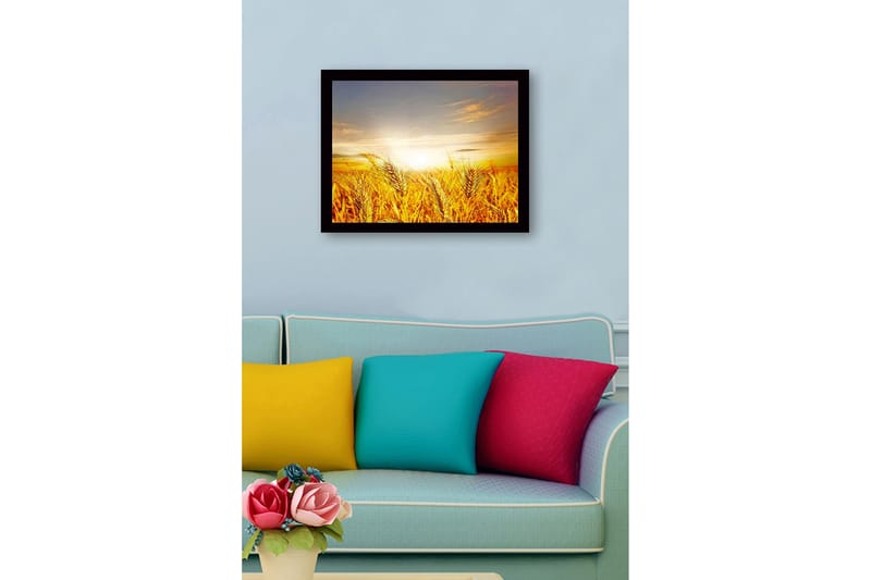 Indrammet lærredstryk i træ - 41x56 cm - Gyldne hvedemarker under solopgang - Guld / Orange / Lyseblå - Boligtilbehør - Billeder & kunst