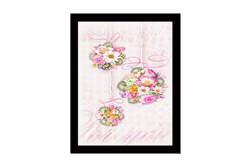 Indrammet lærredstryk i træ - 41x56 cm - Hængende blomsterbuketter i pastelfarver, Lyserød / Grøn / Gul