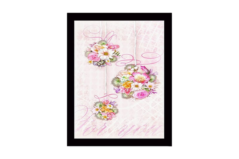 Indrammet lærredstryk i træ - 41x56 cm - Hængende blomsterbuketter i pastelfarver, Lyserød / Grøn / Gul