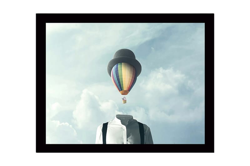 Indrammet lærredstryk i træ - 41x56 cm - Hovedløs mand i hvid skjorte med en farverig varmluftballon over sig - Blå / Grøn / Rød - Boligtilbehør - Billeder & kunst