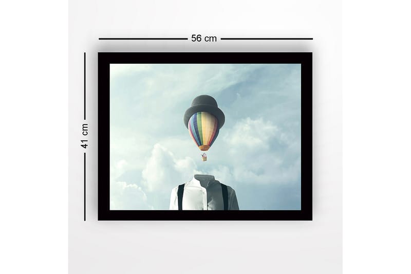 Indrammet lærredstryk i træ - 41x56 cm - Hovedløs mand i hvid skjorte med en farverig varmluftballon over sig - Blå / Grøn / Rød - Boligtilbehør - Billeder & kunst