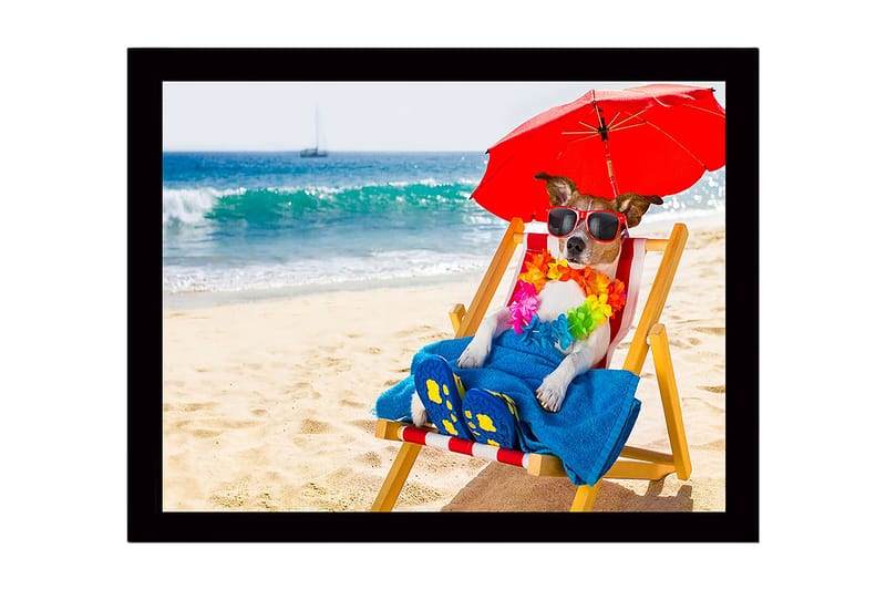 Indrammet lærredstryk i træ - 41x56 cm - Hund slapper af på stranden i en liggestol med solbriller og parasol - Rød / Blå / Gul - Boligtilbehør - Billeder & kunst