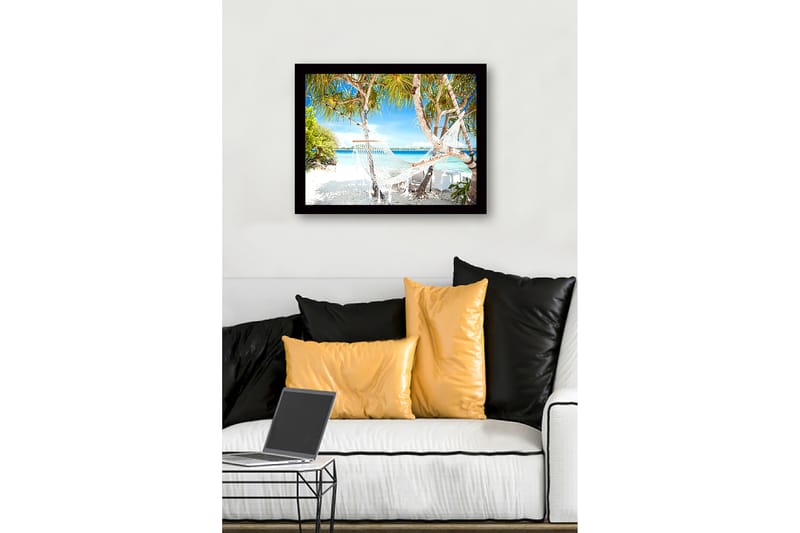 Indrammet lærredstryk i træ - 41x56 cm - Hvid hængekøje mellem palmer på solrig hvid sandstrand - Turkis / Grøn / Hvid - Boligtilbehør - Billeder & kunst