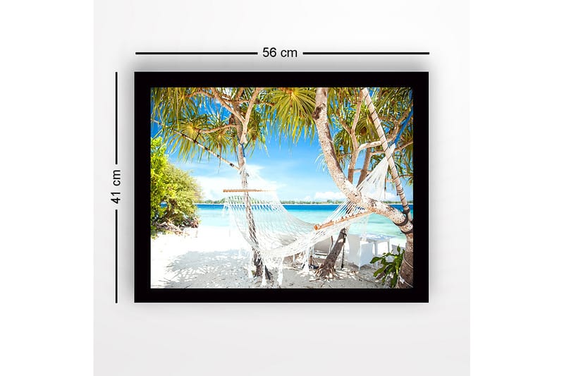 Indrammet lærredstryk i træ - 41x56 cm - Hvid hængekøje mellem palmer på solrig hvid sandstrand - Turkis / Grøn / Hvid - Boligtilbehør - Billeder & kunst