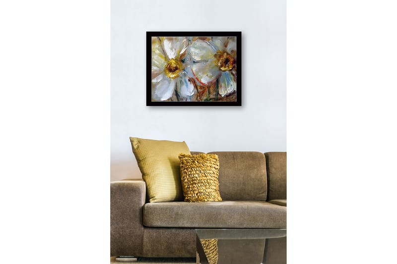 Indrammet lærredstryk i træ - 41x56 cm - Hvide blomster med gyldne midter - Hvid / Guld / Grøn - Boligtilbehør - Billeder & kunst