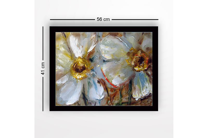 Indrammet lærredstryk i træ - 41x56 cm - Hvide blomster med gyldne midter - Hvid / Guld / Grøn - Boligtilbehør - Billeder & kunst