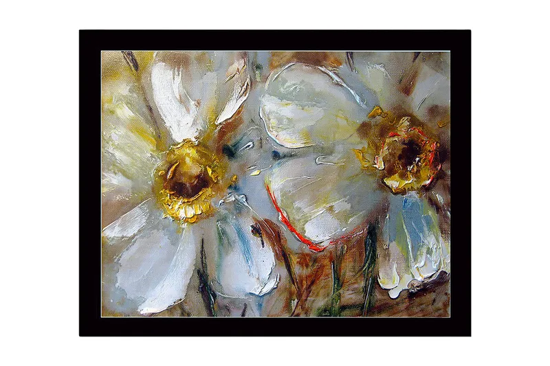 Indrammet lærredstryk i træ - 41x56 cm - Hvide blomster med gyldne midter, Hvid / Guld / Grøn