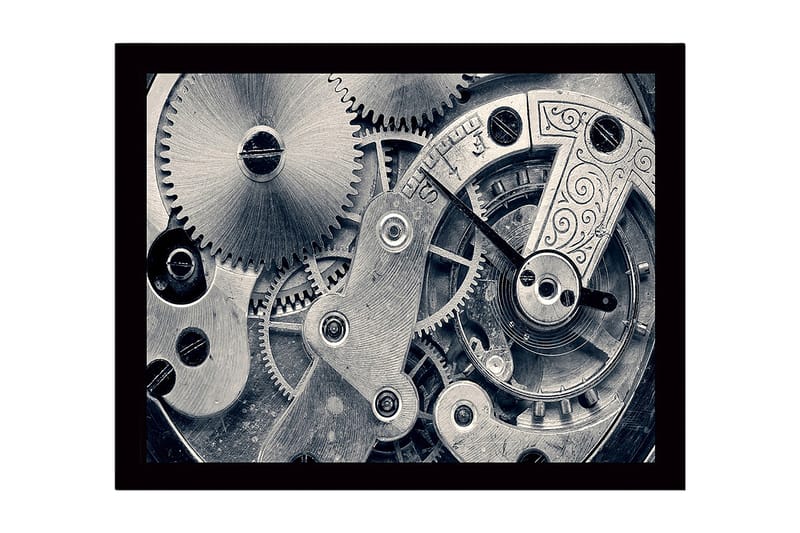Indrammet lærredstryk i træ - 41x56 cm - Indviklet urværk med gear og mekaniske detaljer, Sølv / Grå