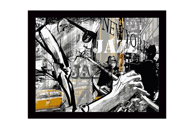 Indrammet lærredstryk i træ - 41x56 cm - Jazzmusikere i et livligt bymiljø, Sort / Grå / Gul