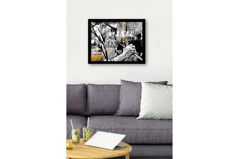 Indrammet lærredstryk i træ - 41x56 cm - Jazzmusikere i et livligt bymiljø - Sort / Grå / Gul - Boligtilbehør - Billeder & kunst